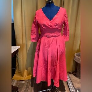 Pinup Couture coral pink dress with pockets and belt